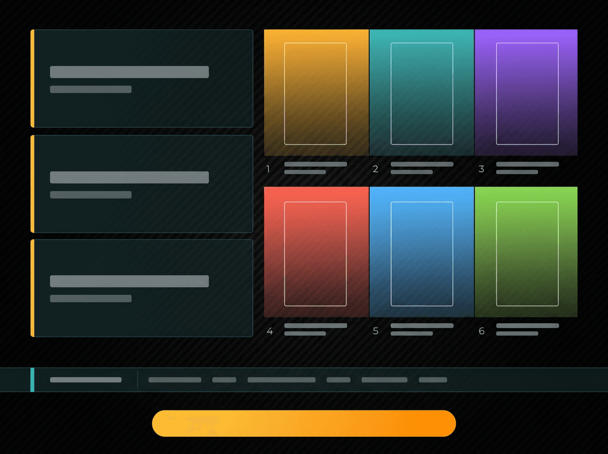 The structure of a finished Cub Cuts brief: three hook variants down the left, a six-shot colour-coded storyboard grid on the right, a music direction bar, and an export action.